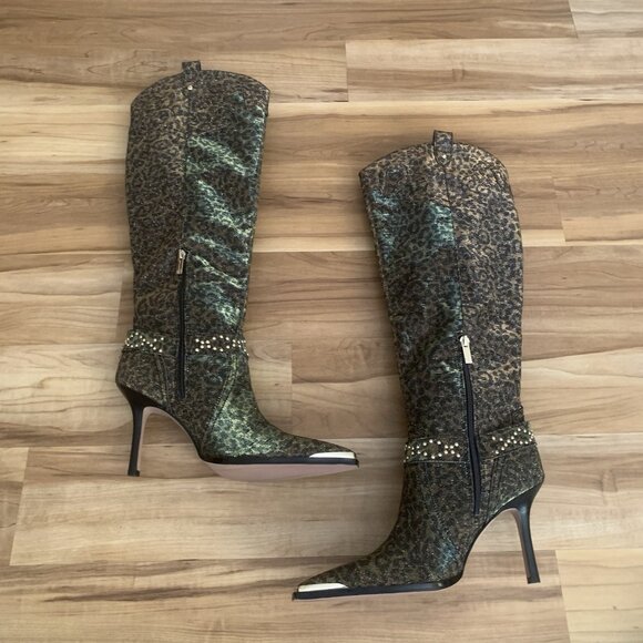 Jessica Simpson Animal Print Fabric Kenzin Tall Boots Size 10M Embellished - Picture 5 of 15